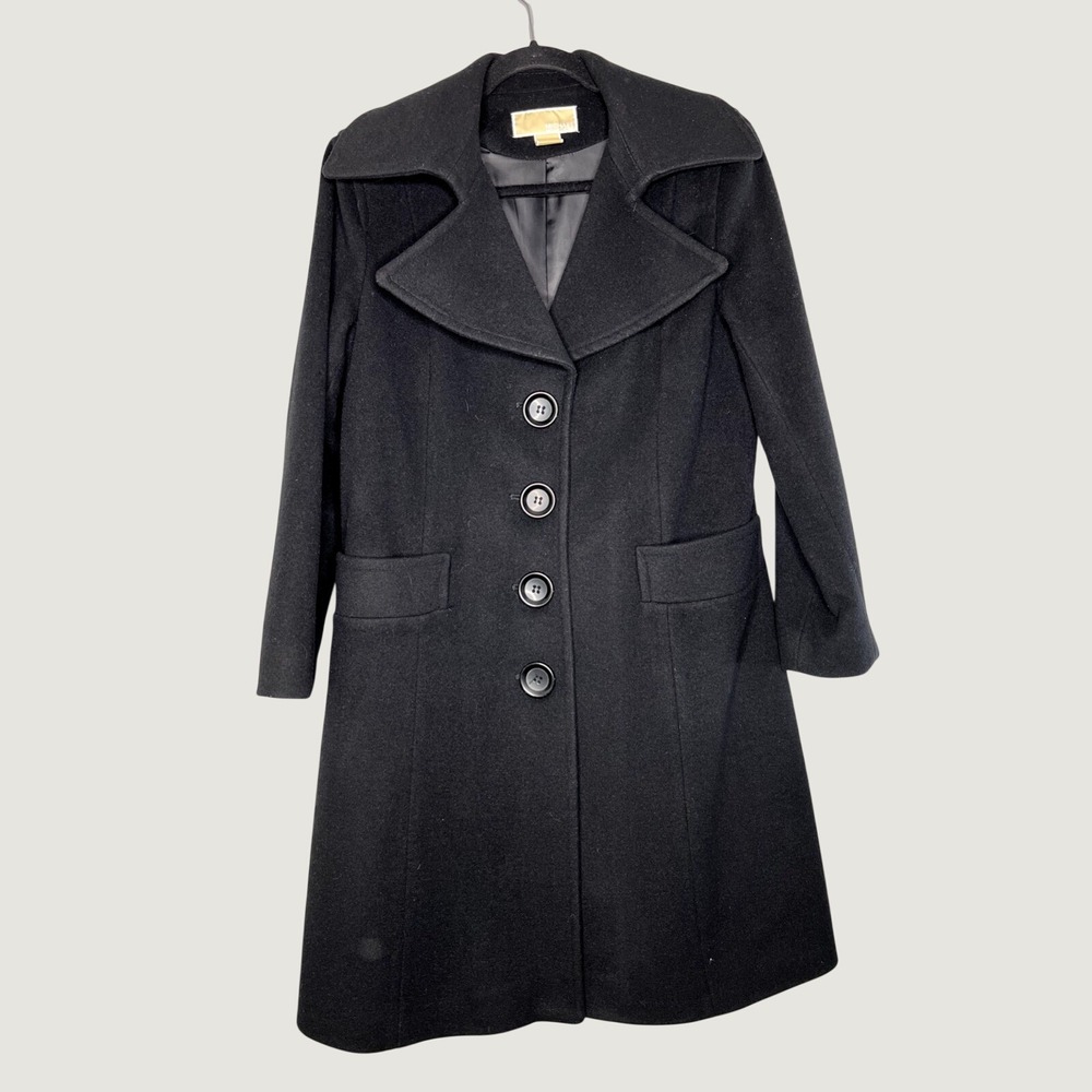 Michael Kors Coat Womens M Black Wool Blend Single Breasted Longline Classic